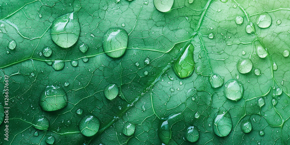 Poster Macro view of water droplets on leaf capturing intricate vein patterns