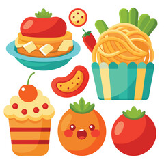 Cute Cartoon Food Illustration Set: Tomatoes, Pasta, Cupcakes, and More