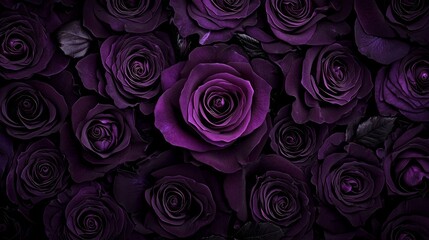 A single purple rose stands out against a deep black background