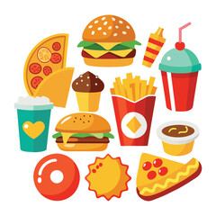 Colorful Fast Food Icons Set for Restaurant or Cafe