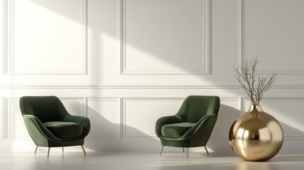 Elegant green velvet armchairs in white room