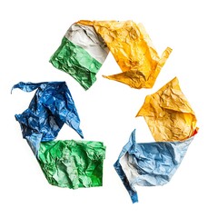 Recycling symbol made of crumpled paper isolated on white background