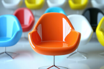 A single brightly colored chair in a room of identical seats, showcasing the concept of differentiation and personal flair