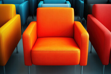 Obraz premium A single brightly colored chair in a room of identical seats, showcasing the concept of differentiation and personal flair
