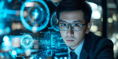 focused engineer analyzes futuristic digital interfaces in high tech environment