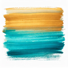Horizontal Watercolor stroke Turquoise and Golden ochre colors with stains on white background