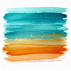 Horizontal Watercolor stroke Turquoise and Golden ochre colors with stains on white background