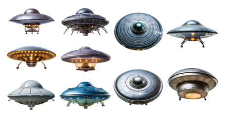 Illustrations of Various UFO Designs Featuring Unique Features and Styles, isolated on transparent background