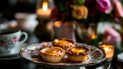 Golden brown egg tarts on floral plate with candles