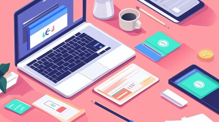 Online payment flat design top view fintech theme cartoon drawing Triadic Color Scheme. 