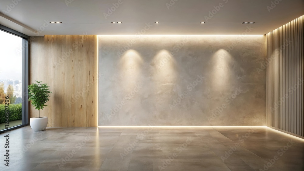 Poster modern minimalist interior design with wood and concrete elements and a large window showing an outd