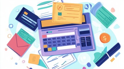 Online payment flat design top view fintech theme cartoon drawing Triadic Color Scheme. 