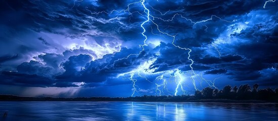 Dramatic Lightning Strikes Illuminating the Night Sky Over Water