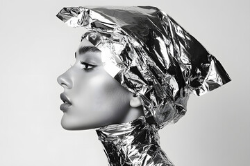 Photograph of a fashion model in a liquid chrome style, with a silver foil-wrapped head and shoulders, set against a white background.