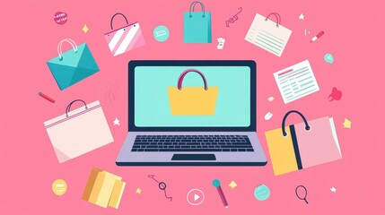 Online shopping flat design top view digital marketing theme animation colored pastel. 