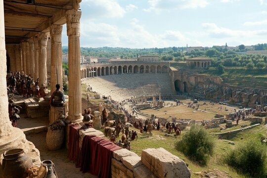 Vista de un anfiteatro romano en la antig&uuml;edad, con ciudadanos y soldados reunidos en un d&iacute;a de espect&aacute;culo, reflejando la grandeza de la civilizaci&oacute;n romana