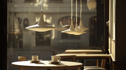 White pendant lights above sunlit caf tables