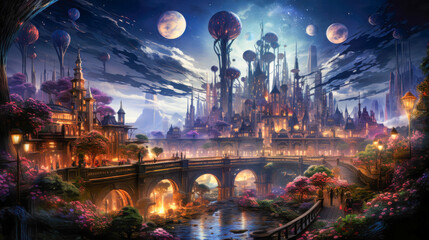 Cybernetic jellyfish city drifts through a vibrant cosmic landscape illuminated by distant celestial bodies and colorful nebulae