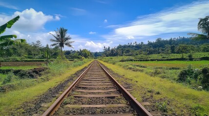 Obraz premium A serene view of railway tracks stretching through lush greenery and hills under a blue sky.