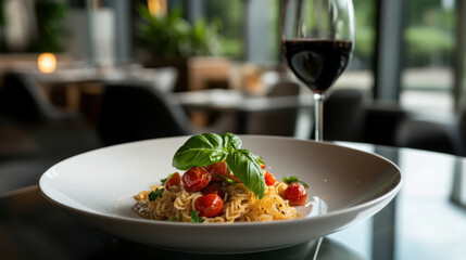Delicious pasta with cherry tomatoes and fresh basil