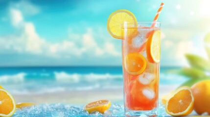 Create a colorful summer scene featuring an ice-cold citrus cocktail with floating lemon and orange slices, served in a tall glass with a straw and a beach background."