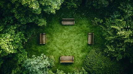Aerial view of park benches in a circular green space surrounded by trees