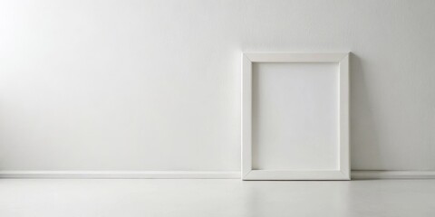 Fototapeta premium A blank white picture frame rests on a white floor against a white wall, offering a minimalist design concept