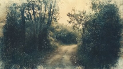 Peaceful Early Morning Landscape with Trees and Dirt Pathway