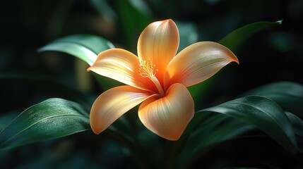 Fototapeta premium A plant with a green leaf that has a flower that is orange and yellow.