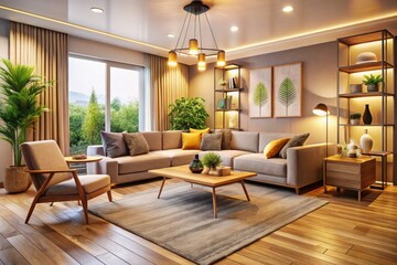 Fototapeta premium Cozy, minimalist living room with warm lighting, stylish decor, perfect for apartment living.