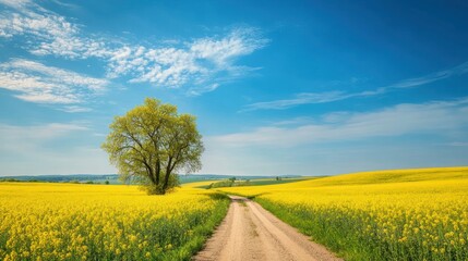 Lone tree on dirt road through canola field, sunny day, landscape