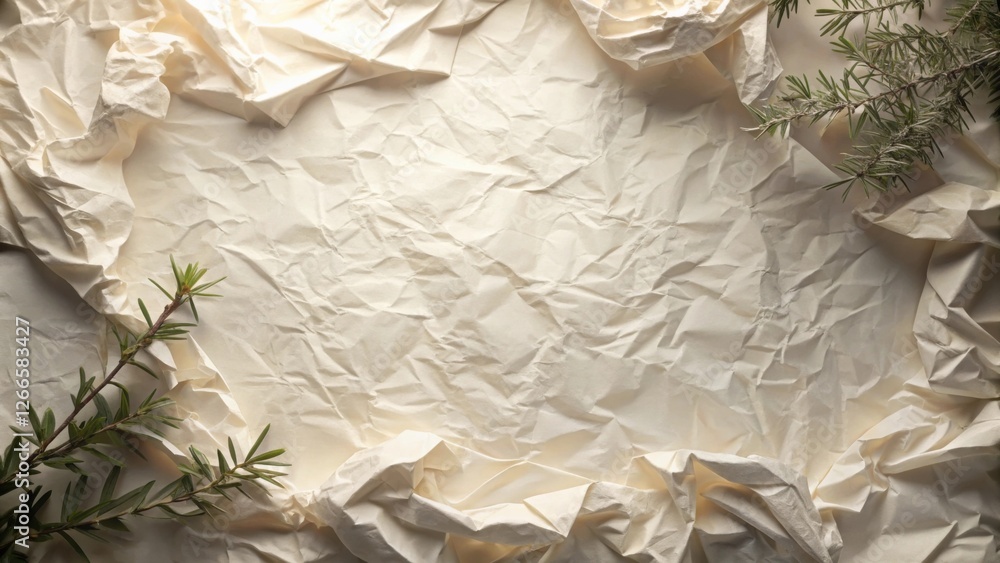 Aufkleber Cream-colored crumpled paper background with sprigs of greenery arranged around the edges, creating a natural frame for text or design elements.