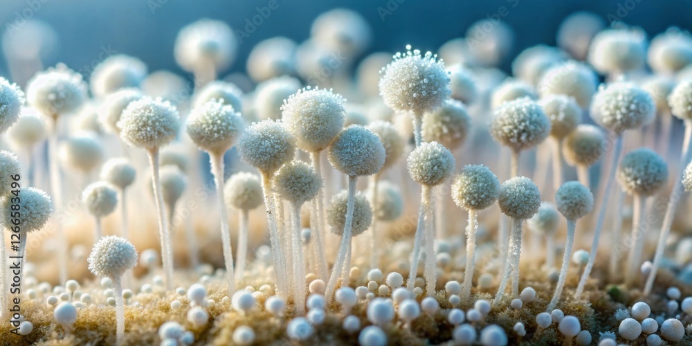 Poster a delicate cluster of fungal structures exhibiting a frosty texture under soft light