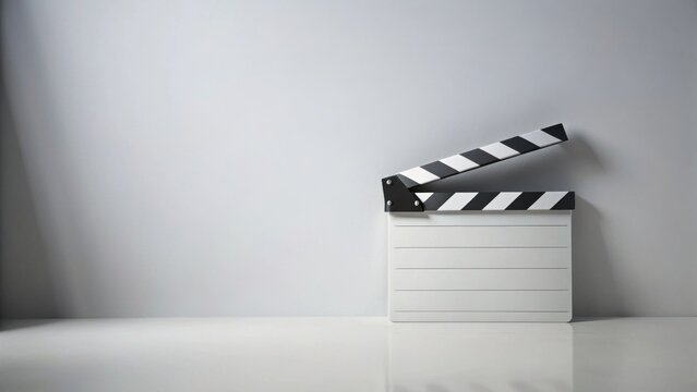 A blank movie slate rests on a pristine surface against a simple backdrop, ready for the next cinematic production.