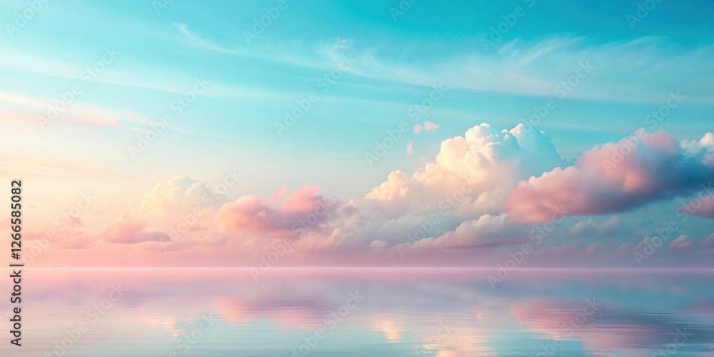 Poster serene pastel sky mirrored in tranquil waters, a dreamlike horizon of soft clouds and calm reflectio