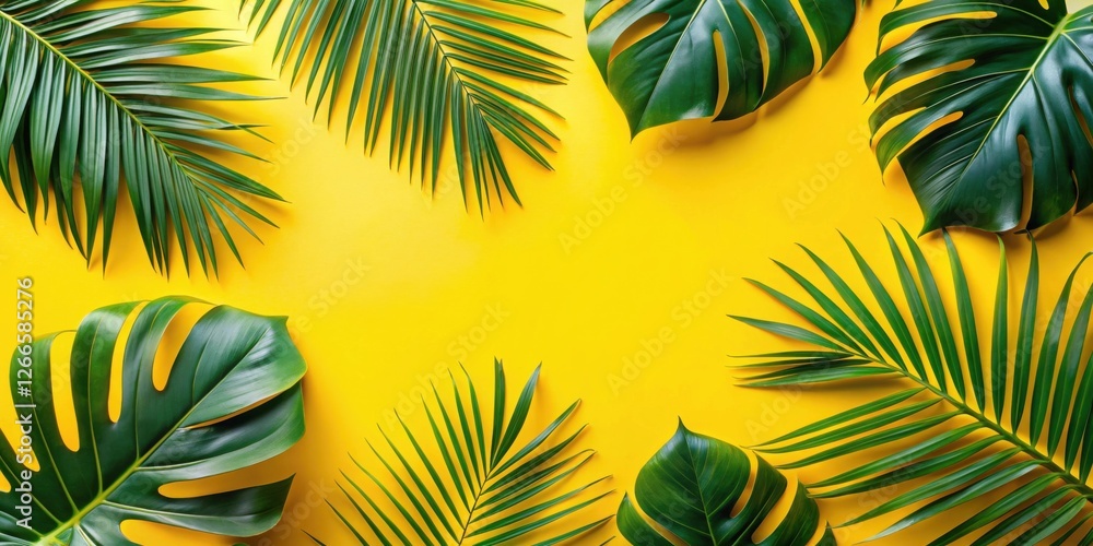 Poster vibrant yellow background featuring an array of lush green tropical foliage arranged in a decorative