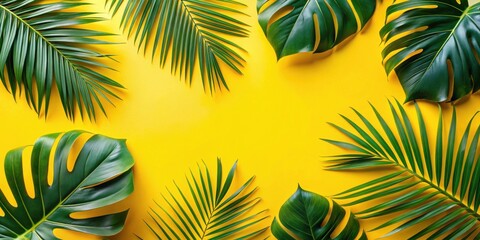 Naklejka premium Vibrant Yellow Background Featuring an Array of Lush Green Tropical Foliage Arranged in a Decorative Border