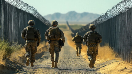 Soldiers patrol along a border fence during the golden hour in a remote desert area, emphasizing their vigilance and commitment to security