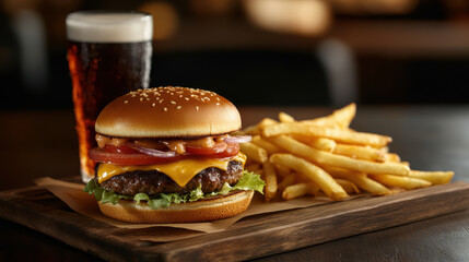 Juicy cheeseburger with crispy fries and cold drink