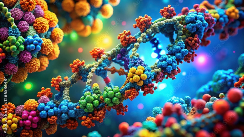 Aufkleber A vibrant close-up of a double helix structure, showcasing intricate details and a spectrum of colorful molecular components in a dynamic arrangement.