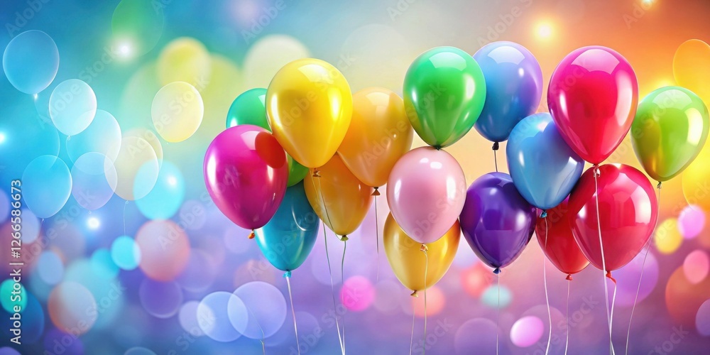 Poster a festive collection of colorful balloons floating against a dreamy, bokeh background, perfect for c