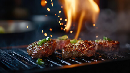 Grilled steak with sesame seeds and green onions, sizzling hot