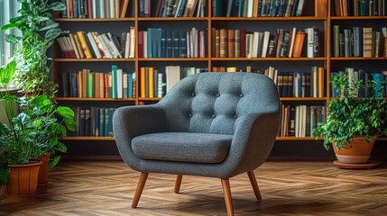 Cozy armchair stands next to a wooden bookshelf filled with books in a warm, inviting space surrounded by greenery during autumn