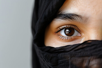 Naklejka premium Close Up of a Woman's Eye with a Black Scarf