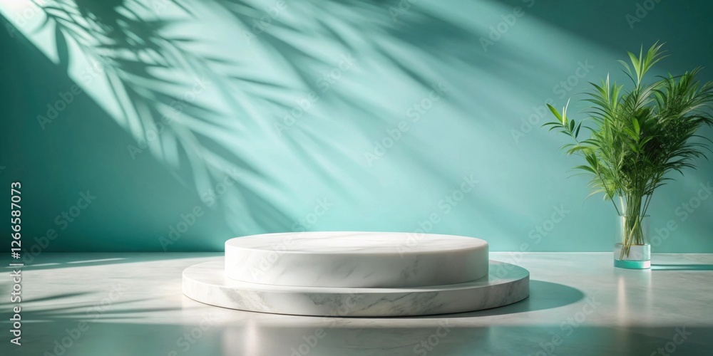 Poster serene minimalist studio display featuring a two-tiered marble pedestal and lush greenery under soft