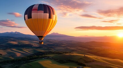 Obraz premium Colorful hot air balloon over rolling hills at sunrise