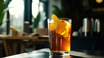Refreshing lemon tea in glass with ice and lemon slices