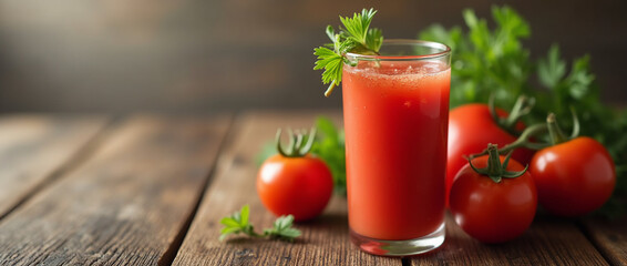 Fresh tomato juice on a wooden rustic background.