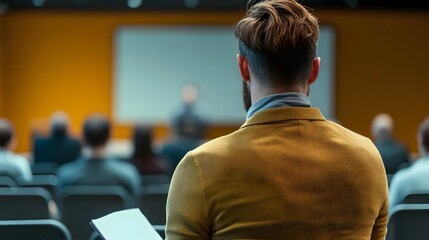Rear View of a Young Entrepreneur Attending a Business Event, Focused on Strategy, Growth, and Investment  