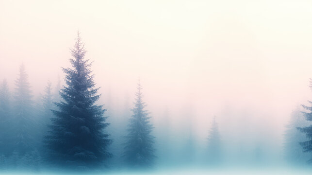 Misty forest with tall evergreen trees in soft pastel colors - Powered by Adobe